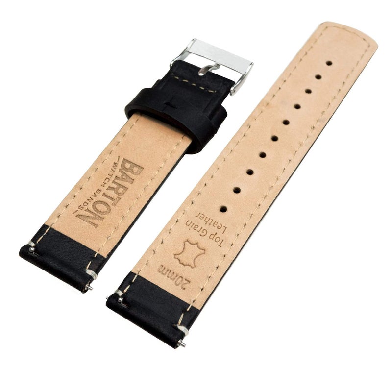 BARTON WATCH BANDS Quick Release Top Grain Leather Watch Band Strap, Black Leather/Linen White Stitching, 22mm - Image 4